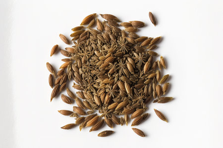 Caraway seeds in bulk. Top view of a macro of dried caraway seeds on a white backdrop. macro image of cumin seeds on a white backdrop. Top view macro of cumin seeds on a white backgroundの素材