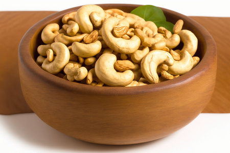 Cashew nuts in a wooden dish, white background, isolatedの素材