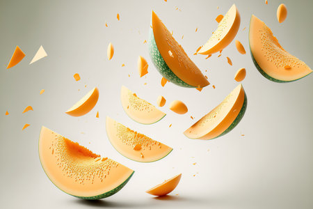 Cantaloupe melon slices falling over a white backgroundの素材