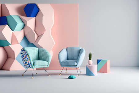 Chairs, a sofa, and an armchair in pink and blue against a white background. enclosed by a geometric pattern installation art minimalistic idea. a mockupの素材
