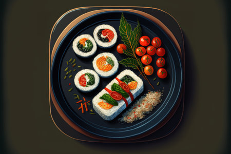 Chinese food Kimbap with vegetables, Cherry Tomato, and Tangerineの素材