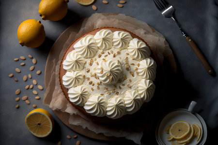 Cake made with lemon and almonds that is gluten free and topped with cream cheese frostingの素材