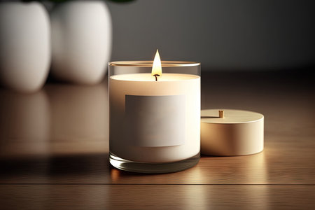 Burning candle with white empty label close up, mock upの素材