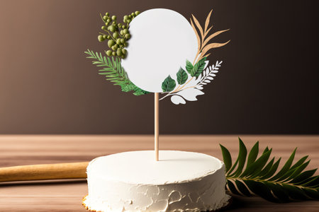 Cake topper mockup featuring a white cake with a stick style cake topper and a blank background area over a wood slice and greenery backdropの素材