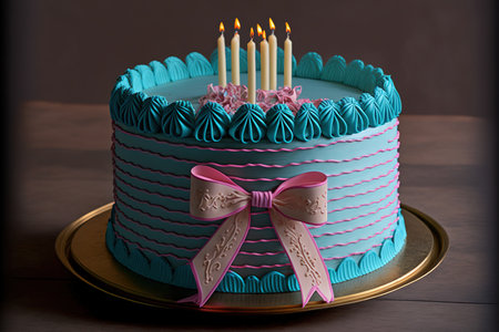 Buttercream piped blue birthday cake with pink ribbon and pink birthday candlesの素材