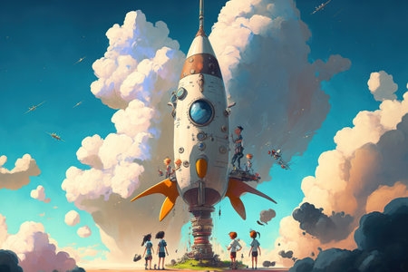 Cartoon youngsters drawing astronauts and a transport space rocket in the sky with cloudsの素材