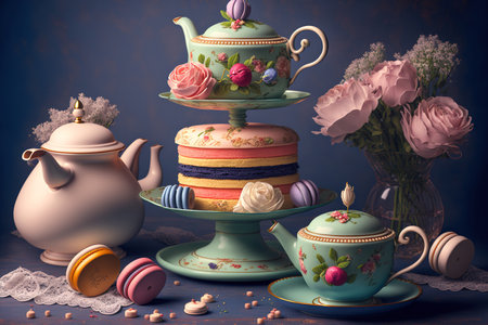 Cakes and macarons on a two tiered dish with a background of a teapot and a cup. Sunday teaの素材