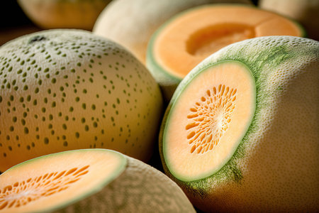 Cantaloupe or ripe melon background and texture. Melon stack for sale at market, background of healthy natural fruits, close upの素材