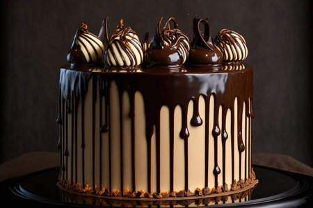 Cake with dark Belgian chocolate, ganache cream, and chocolate glaze drips is extremely chocolatyの素材
