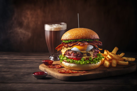 Burger with beef, eggs, and bacon served in a restaurant. American cuisine. Gourmet Food on a Wooden Tableの素材