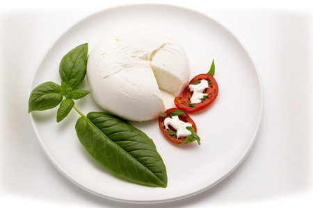 Buffalo mozzarella piece against a white background. basil based ornamentationの素材