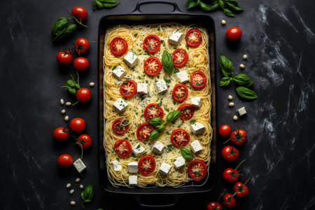 Cherry tomatoes, feta cheese, garlic, and herbs are used to make oven baked feta spaghetti. On a gray background, a fetapasta. viral trending recipe looking upの素材