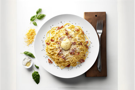 Carbonara pasta served for lunch on a white wooden table. Traditional recipe spaghetti, pancetta, and sauce made with egg yolk and parmesan cheeseの素材
