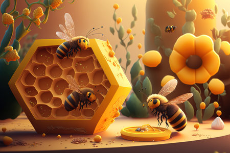 Cartoon yellow bees, sweet organic dessert honeycombs, flowers, and beekeeping are all featured in this adorable collectionの素材