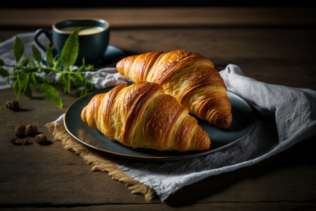 Buttery croissants on a vintage wooden tableの素材