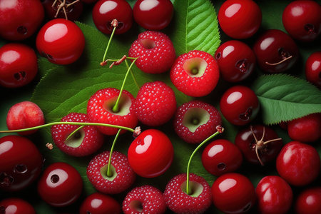 Cherry reds. a mound of fully ripe cherries with stalksの素材
