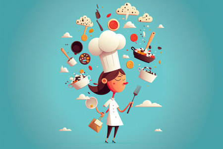 Character of a female chef with food and utensils. cartoon image that is flat. solitary items against a sky blue backgroundの素材