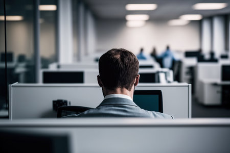 Businessmen are lost in the background of the workplace, computer workstation, or background with a shallow depth of fieldの素材