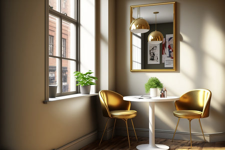 Cafe nook with a comfortable modern seating area and a gold stainless mirror floor lamp in a natural light filled, warm interior conceptの素材