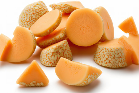 Cantaloupe melon bits in little pieces, isolated on whiteの素材