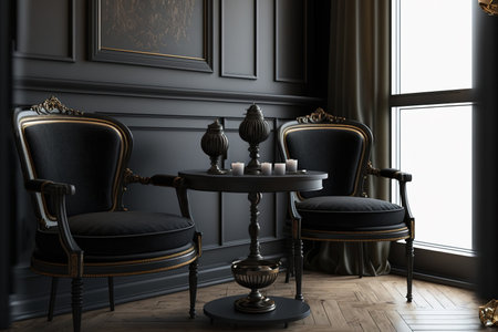 Chairs and a coffee table in a traditional black settingの素材