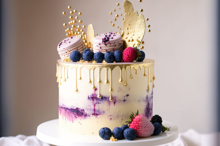 Cake for a birthday or anniversary with cream cheese frosting with macaroon, blueberry, and raspberry decorations The wedding cake has a gold splatter. a light backgroundの素材