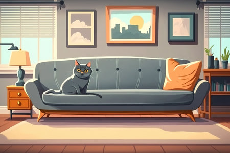 Cat near big grey sofa in living room. Interior designの素材