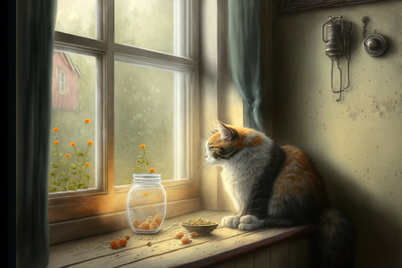 Cat is waiting for food while sitting by the windowの素材