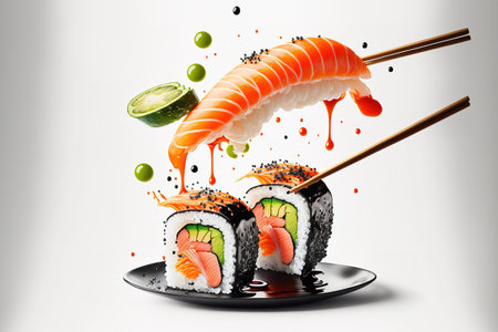 California sushi on a white background with flying wasabi sauce, salmon, avocado, and black chopsticksの素材