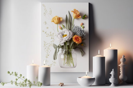 Candle and flowers are used as a home decoration on a white wall. concept for interior design. enlarge, copy spaceの素材