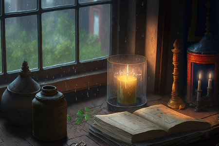 Candles, crosses, and bibles are all seen in the background of the window while it rainsの素材