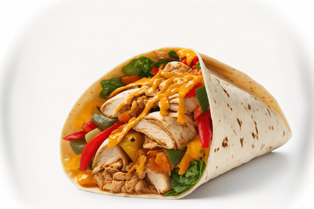 Chicken meat and veggies in a tortilla wrap, isolated on a white backgroundの素材