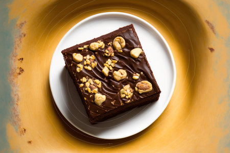 Cashew nut and chocolate brownie topping on a white dish. Delicious flavor chewy, sweet, bitter, and fudge like. a top viewの素材