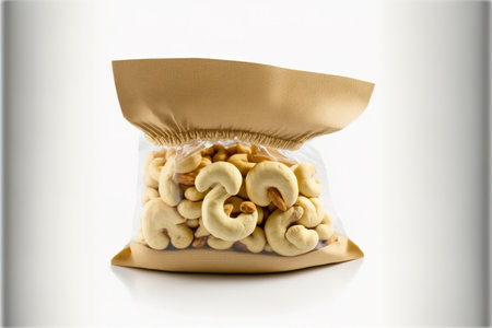 Cashew nuts isolated on a white background in a bagの素材