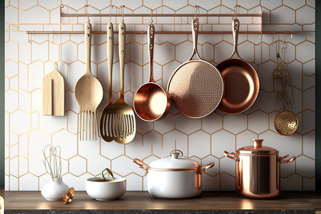 Chef accessories and brass kitchen utensils. kitchen with hanging copper and white tilesの素材