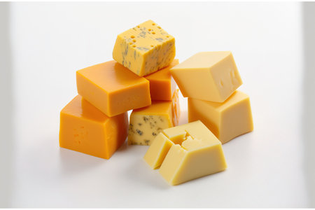 Cheddar cheese cubes set apart on whiteの素材