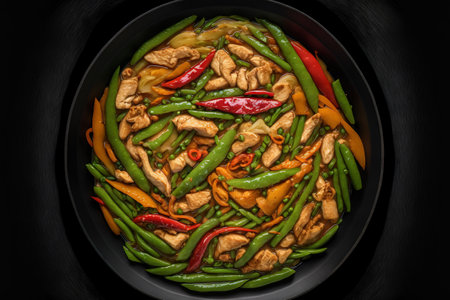Chicken, sweet peppers, and green beans are stir fried. a top viewの素材