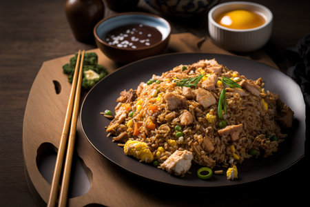 Chinese fried rice made at home with vegetables, chicken, and fried eggs is presented with chopsticks on a platter Selective Focus, Focus one third into the dishの素材