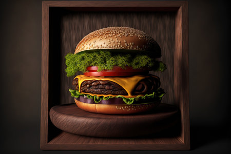 Cheeseburger on a dark colored wooden plateの素材