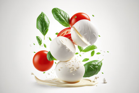 Caprese salad ingredients, falling mozzarella cheese, isolated on white backgroundの素材