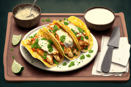 Chicken Meixcan Street Tacos prepared from scratch with cheese and cremaの素材