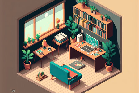 Cartoon depiction of a work and study space with a desk, computer shelves, sofa, and plantの素材
