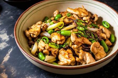 Chinese salt and pepper chicken is stir fried in a white bowl with red, green, and spring onionsの素材