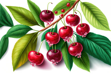 Cherry alone. tart cherry foliage and cherries on a white background. cherry sour on white. set in cherryの素材