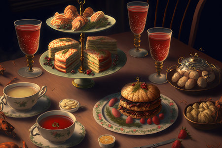 Christmas afternoon tea with little crayfish cocktails, turkey sandwiches, cakes, and mince piesの素材