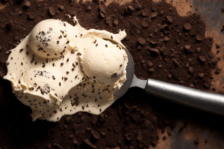 Chocolate chips are added to vanilla ice cream. Lay flat. Speciality Viewed from above, an Italian stracciatella ice cream scoop with dark chocolate shavings in a creamy vanilla ice cream demonstratesの素材