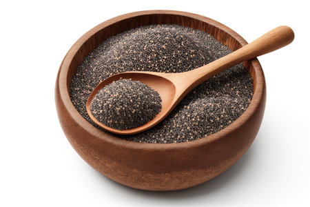 Chia seeds with a gap between them in a wooden spoon and bowlの素材