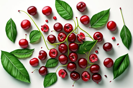 Cherries. Background of cherry. upper view of cherries. leafy cherry on a white backdropの素材