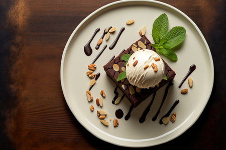 Chocolate brownie presented on a white dish with vanilla ice cream, almonds, and mintの素材