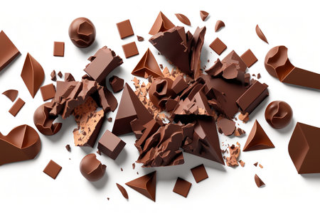 Chocolate pieces, chips, or cracks from a top perspective, isolated on a white backdropの素材
